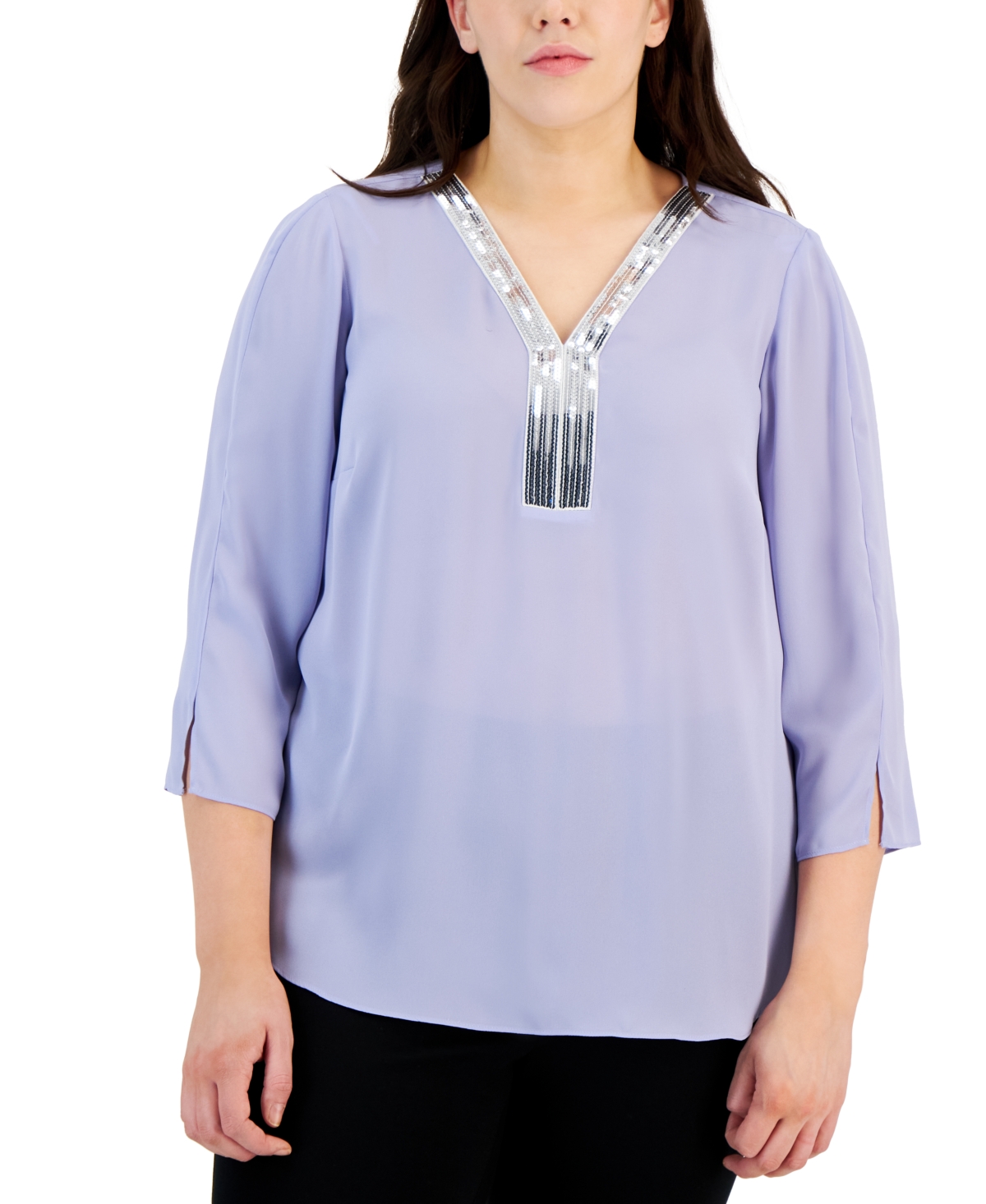 Jm Collection Plus Size Sequined-neck 3/4-sleeve Top, Created For Macy's In Light Lavender