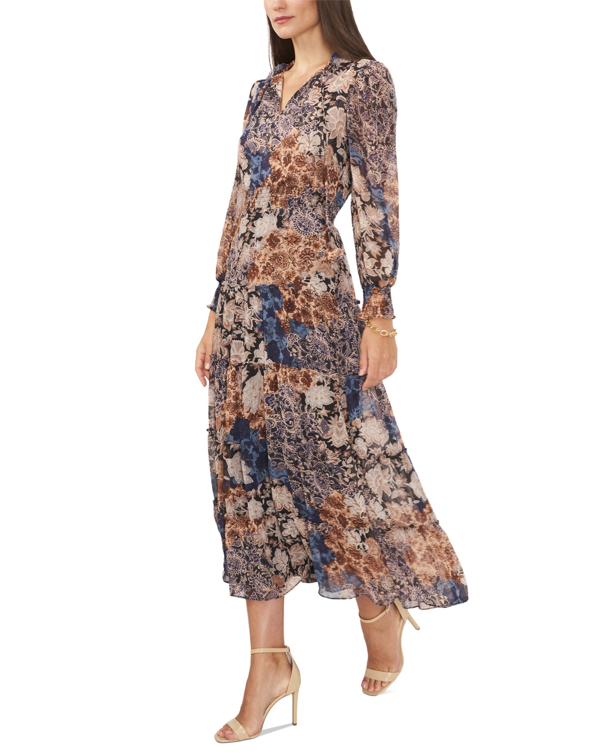 Msk Women's Tie-Neck Smocked-Waist Tiered Maxi Dress -grey