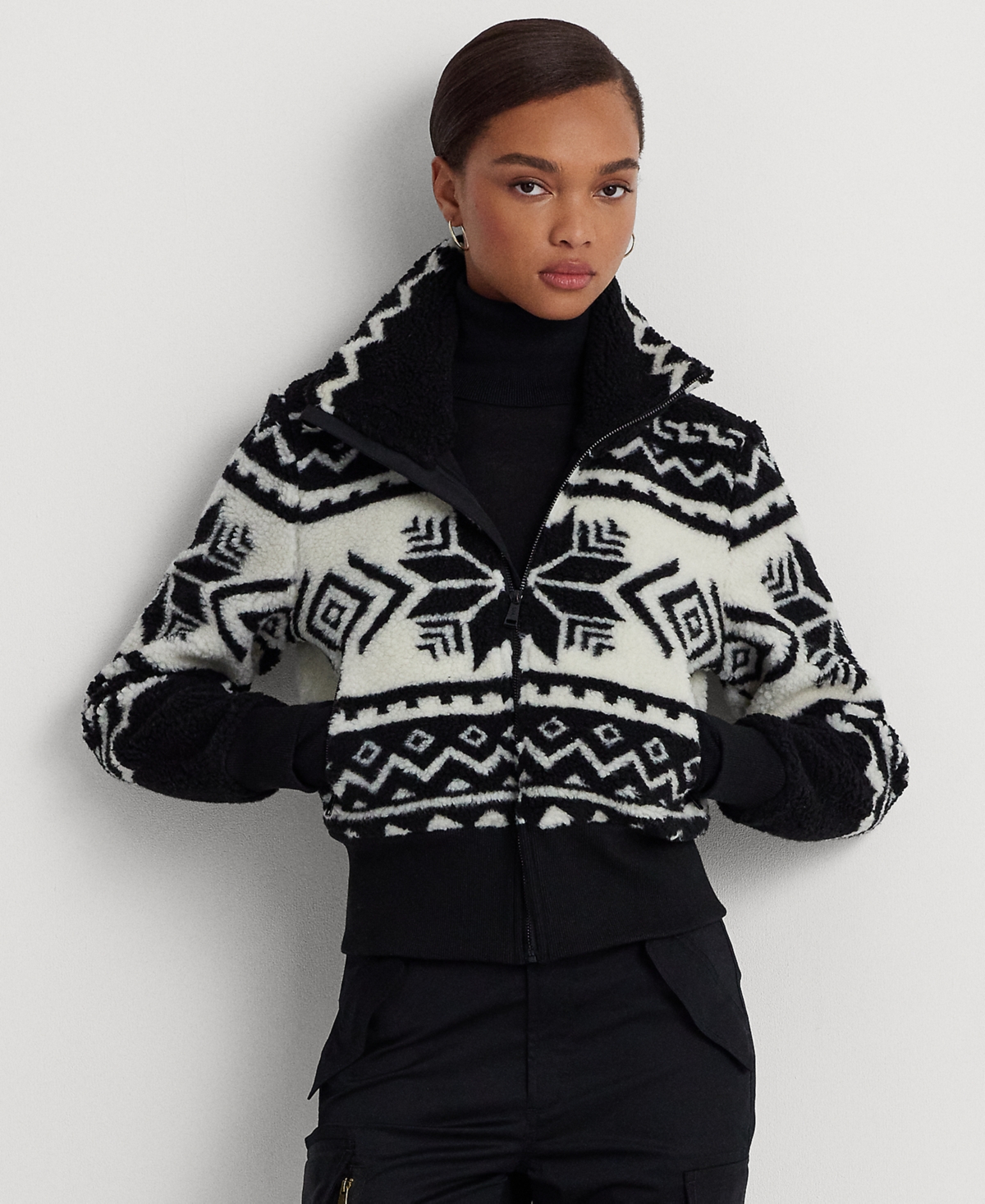 Ralph Lauren Women's Fair Isle Jacquard Fleece Mockneck Coat In Black,cream