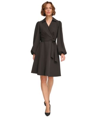 DKNY - Women's Collared V-Neck Blouson-Sleeve Belted Dress