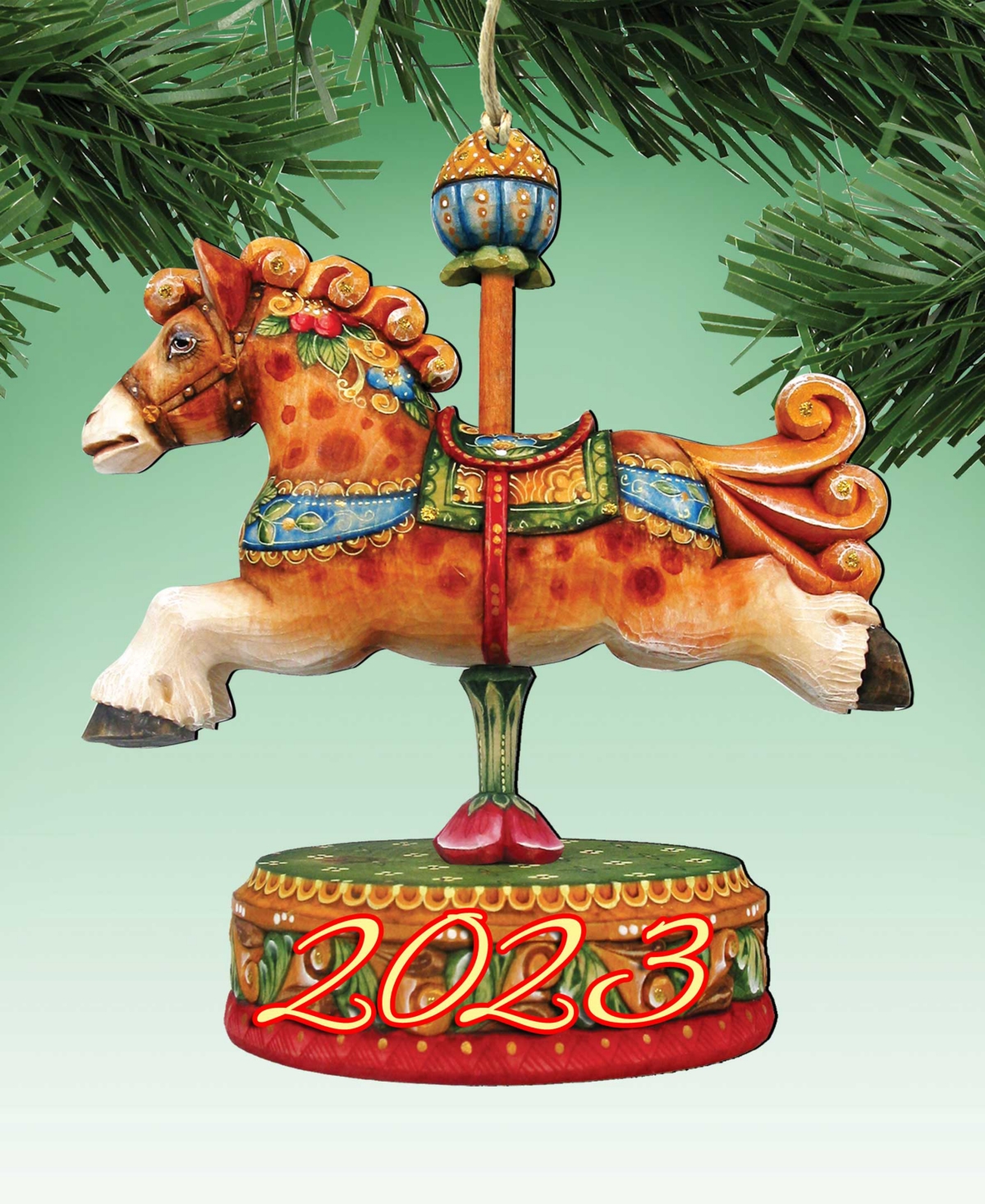 Designocracy 2023 Dated Carousel Horse Christmas Wooden Ornaments Holiday Decor Set Of 2 G. Debrekht In Multi Color