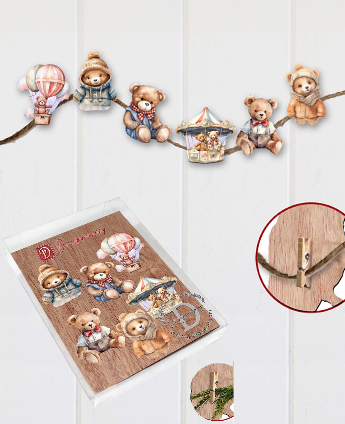 Shop Designocracy Teddy Bear Holiday Wooden Clip-on Ornaments Set Of 6 G. Debrekht In Multi Color