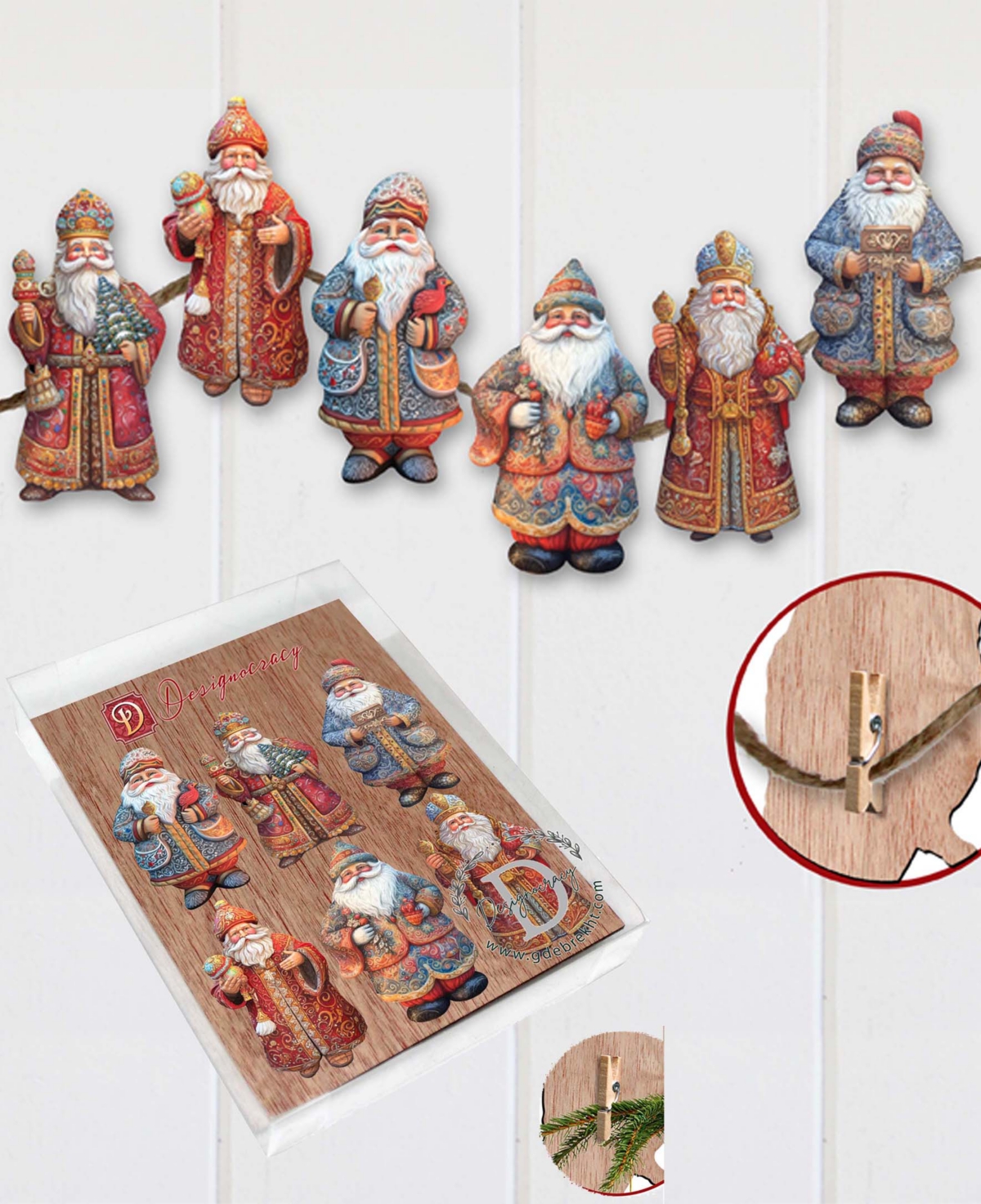 Designocracy Santa Christmas Wooden Clip-on Ornaments Set Of 6 G. Debrekht In Multi Color