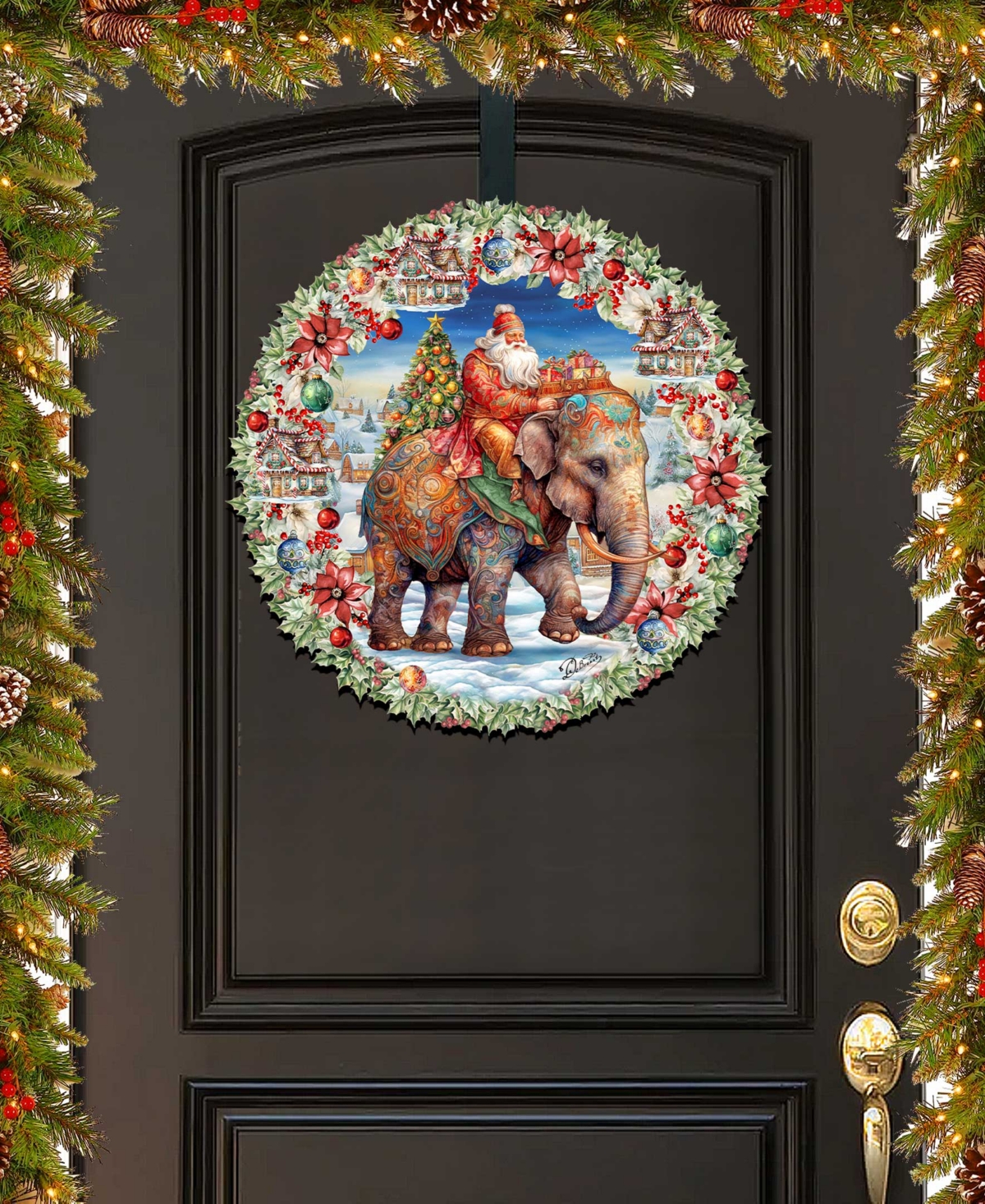 Designocracy Santa On Elephant Wreath Christmas Door Decor Wooden Door Hanger G. Debrekht In Multi Color