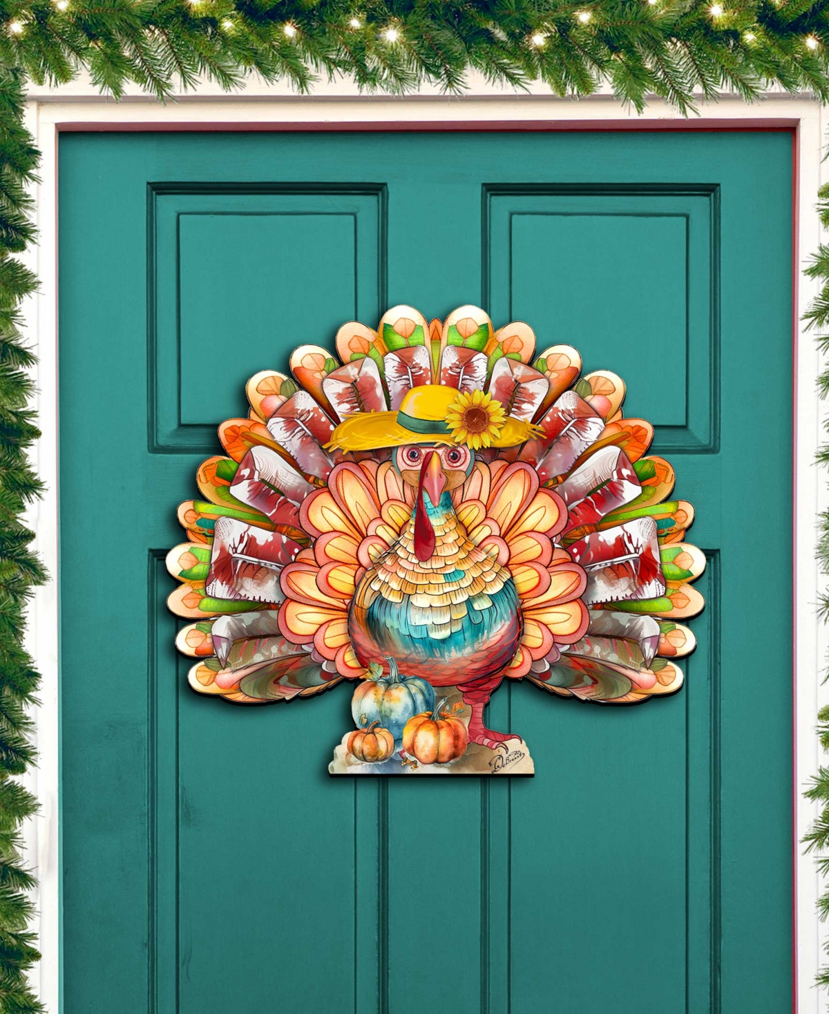 Designocracy Holiday Door Decor Wooden Door Hanger Autumn Turkey G. Debrekht In Multi Color