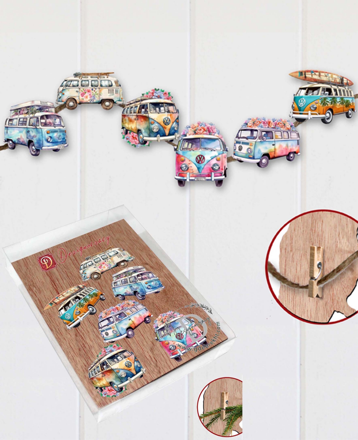 Designocracy Holiday Wooden Clip-on Ornaments Volkswagen Vans Set Of 6 G. Debrekht In Multi Color