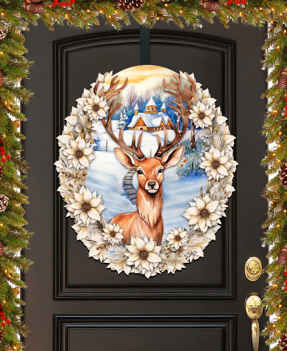 Designocracy Majestic Forest Deer Christmas Wooden Door Hanger Door Decor G. Debrekht In Multi Color