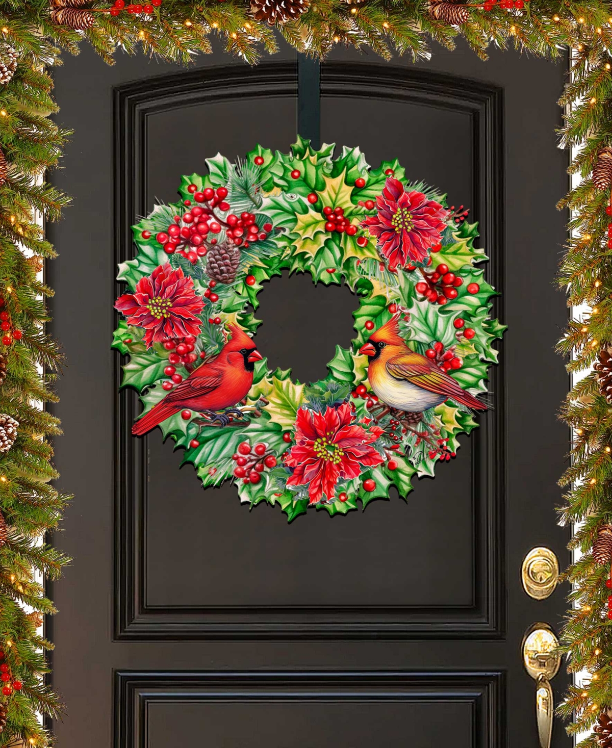 Designocracy Cardinal Garland Wreath Christmas Door Hanger Wooden Door Decor G. Debrekht In Multi Color