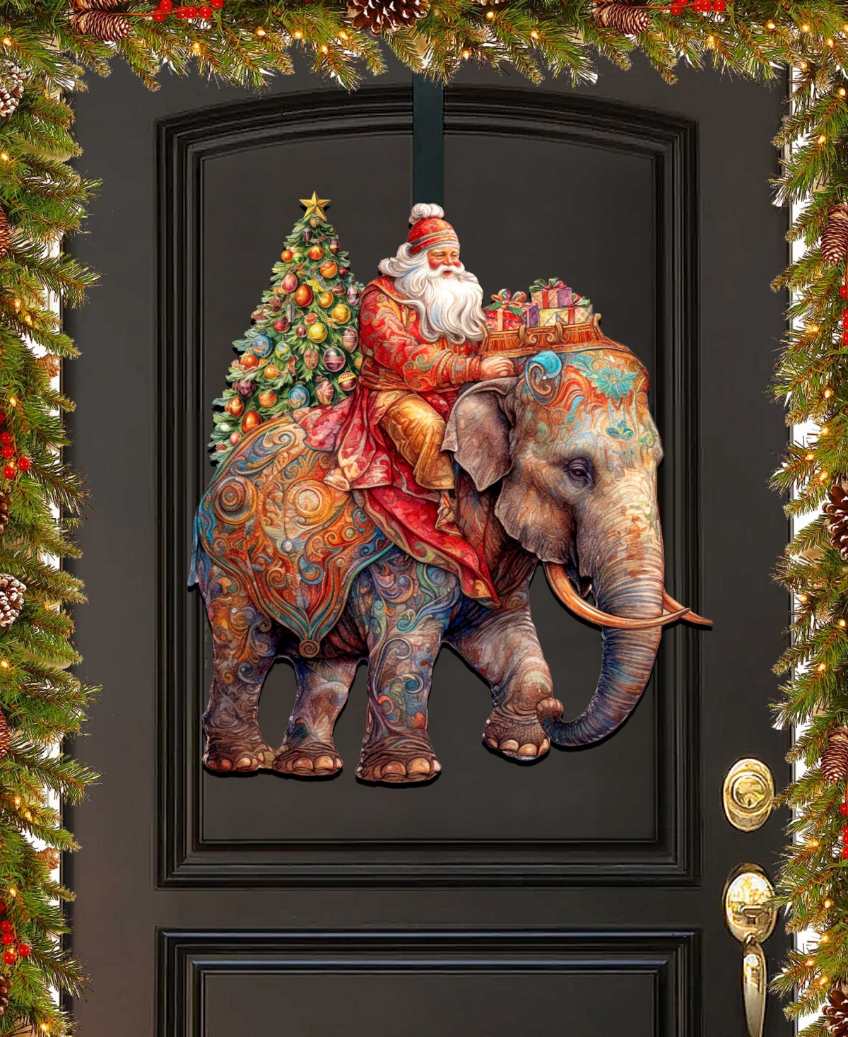 Designocracy Santa On Elephant Christmas Wooden Door Decor Wall Decor G. Debrekht In Multi Color