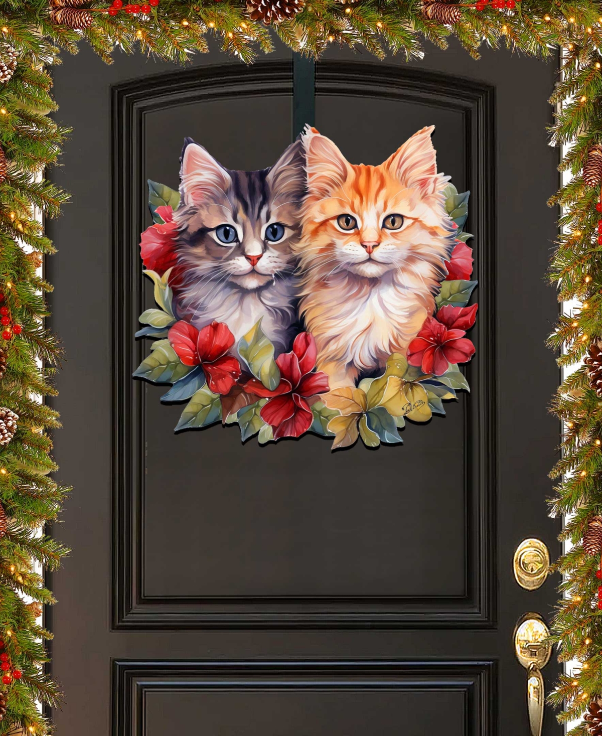 Designocracy Cute Kittens Christmas Wooden Door Hanger Door Decor G. Debrekht In Multi Color