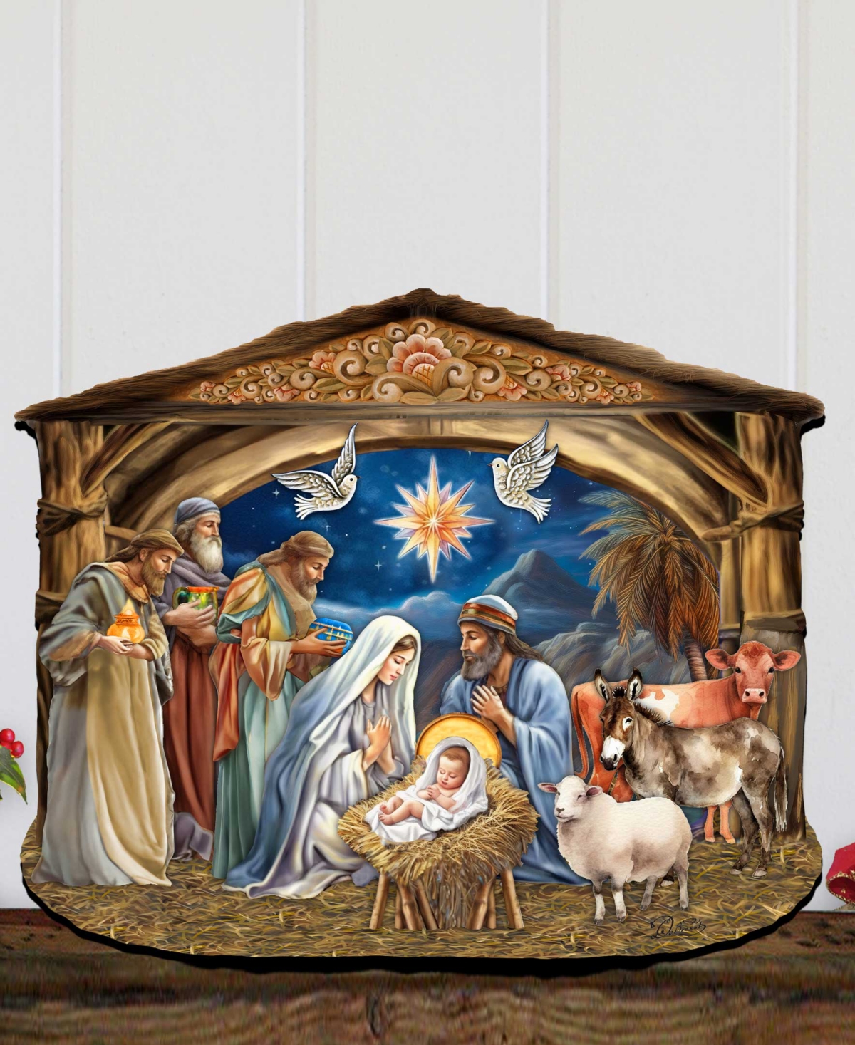 Shop Designocracy The Birth Of Jesus Nativity Scene Christmas Wooden Door Hanger Door Decor G. Debrekht In Multi Color