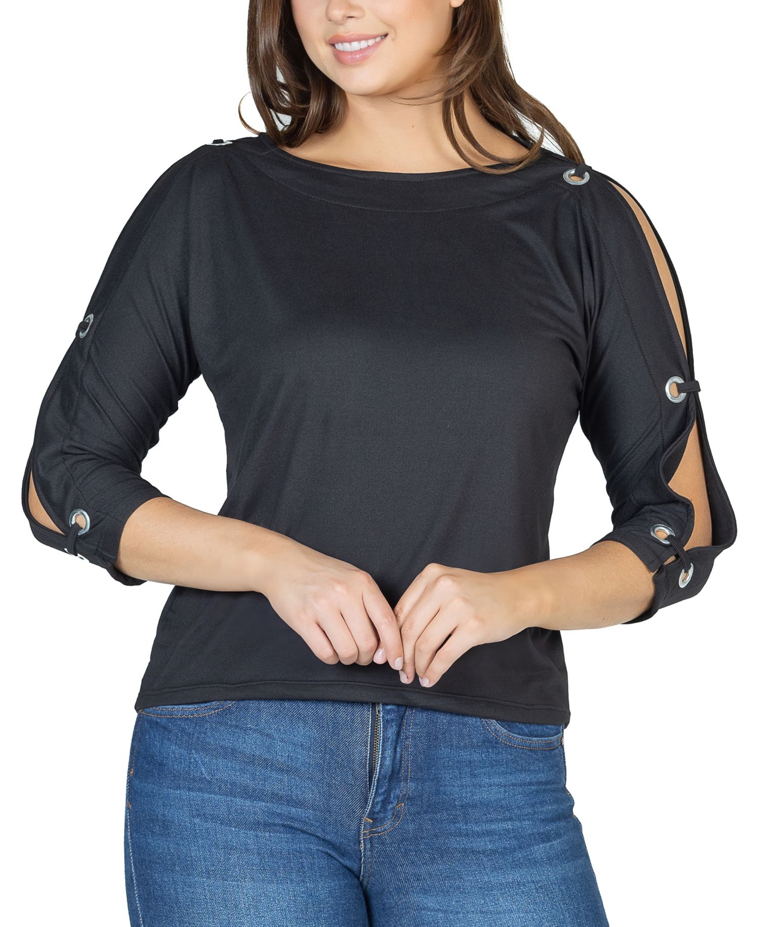 Women's Three Quarter Cold Shoulder Grommet Top