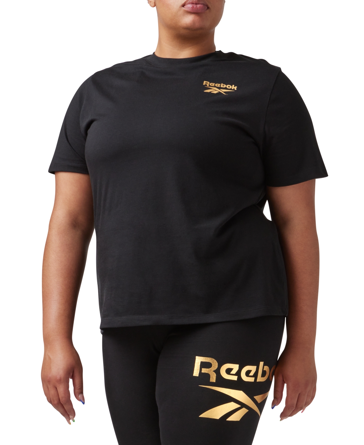 Reebok Plus Size Metallic Logo Cotton T-shirt In Black