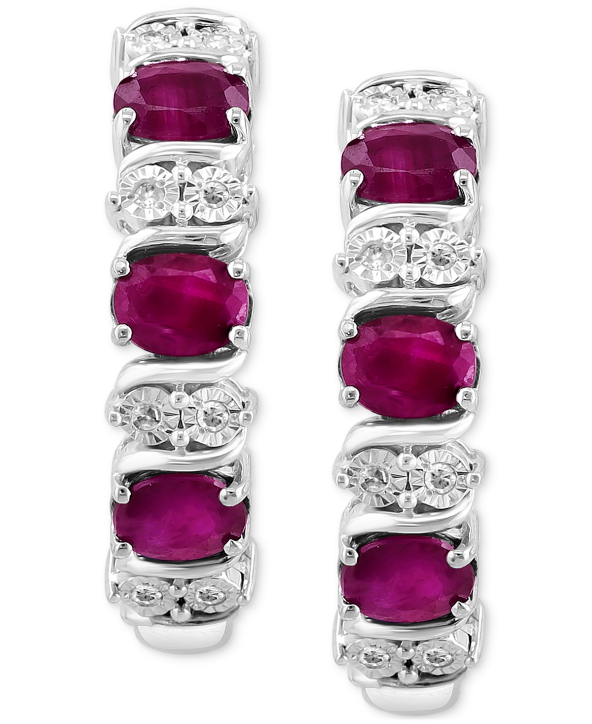 Effy Emerald (1-1/6 ct. t.w.) & Diamond (1/20 ct. t.w.) Extra Small Hoop Earrings in Sterling Silver, (Also available and Sapphire) - Ru