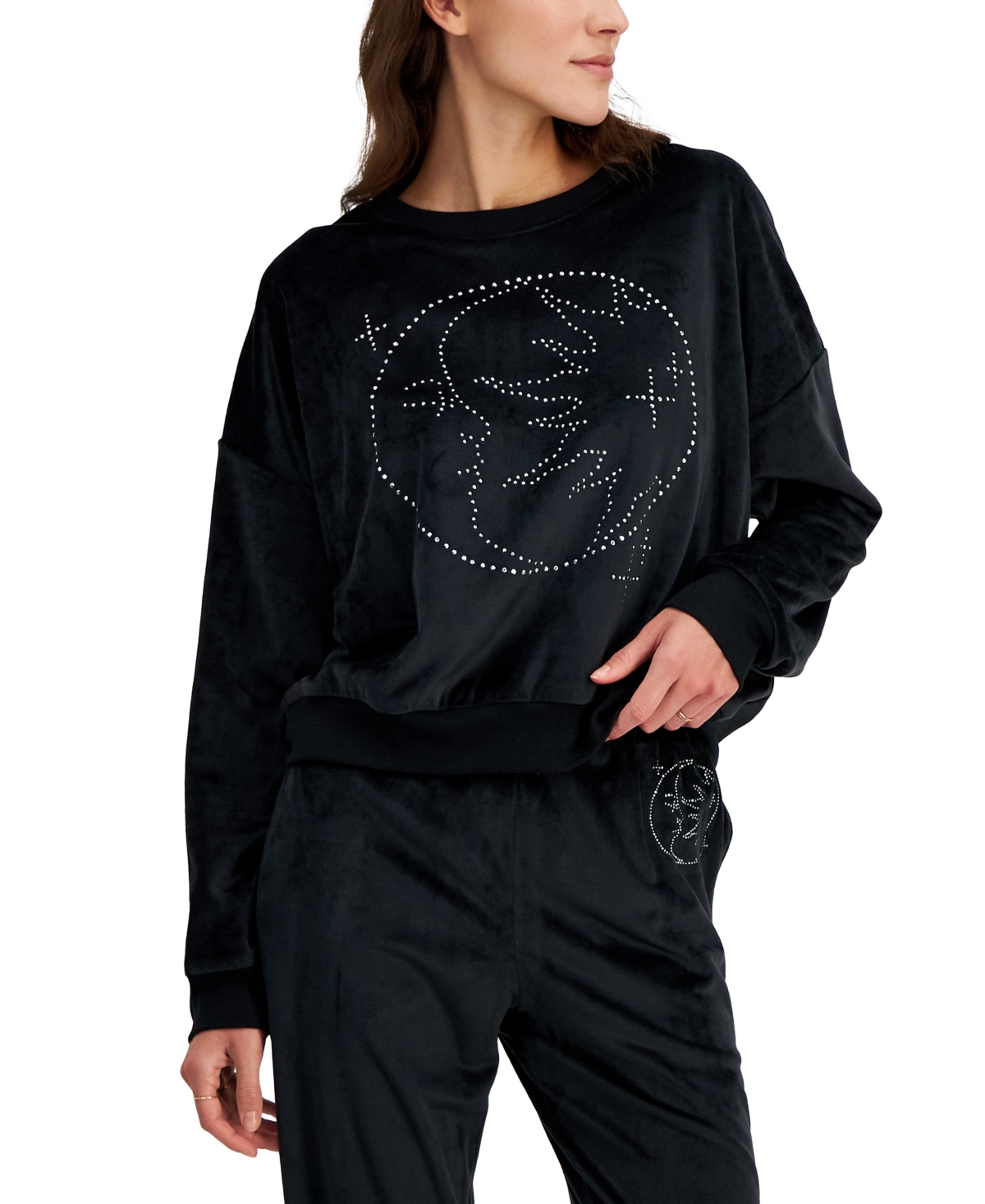 Grayson Threads, The Label Juniors' Celestial-print Velour Sweatshirt In Black