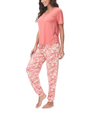 Women's 2 Piece Short Sleeve Henley Top with Jogger Pajama Set