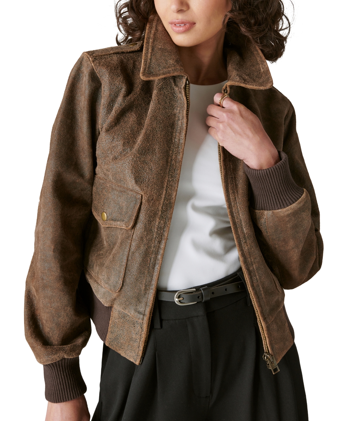 Shop Lucky Brand Women's Distressed Cropped Leather Bomber Jacket In Brown