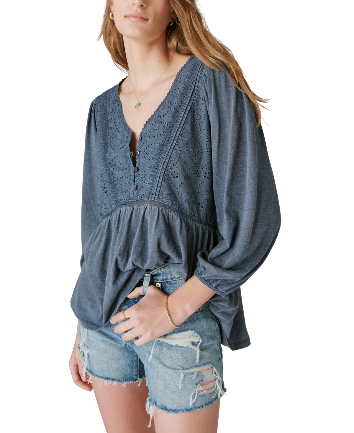 Lucky Brand Women's Eloise Embroidered Empire T-shirt In Blue Nights
