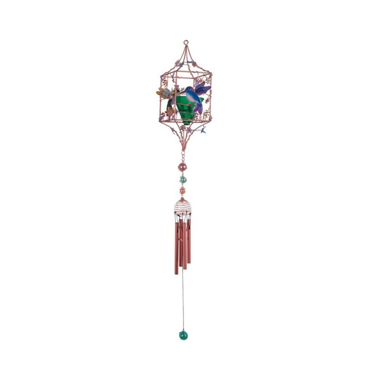 33" Long Hummingbird Copper and Gem Wind Chime with Candle Holder - Multi