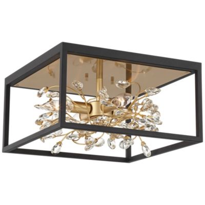 Carrine Modern Ceiling Light Flush Mount Fixture 14 1/4" Wide Black Gold 4-Light Clear Crystal for Bedroom Kitchen Living Room
