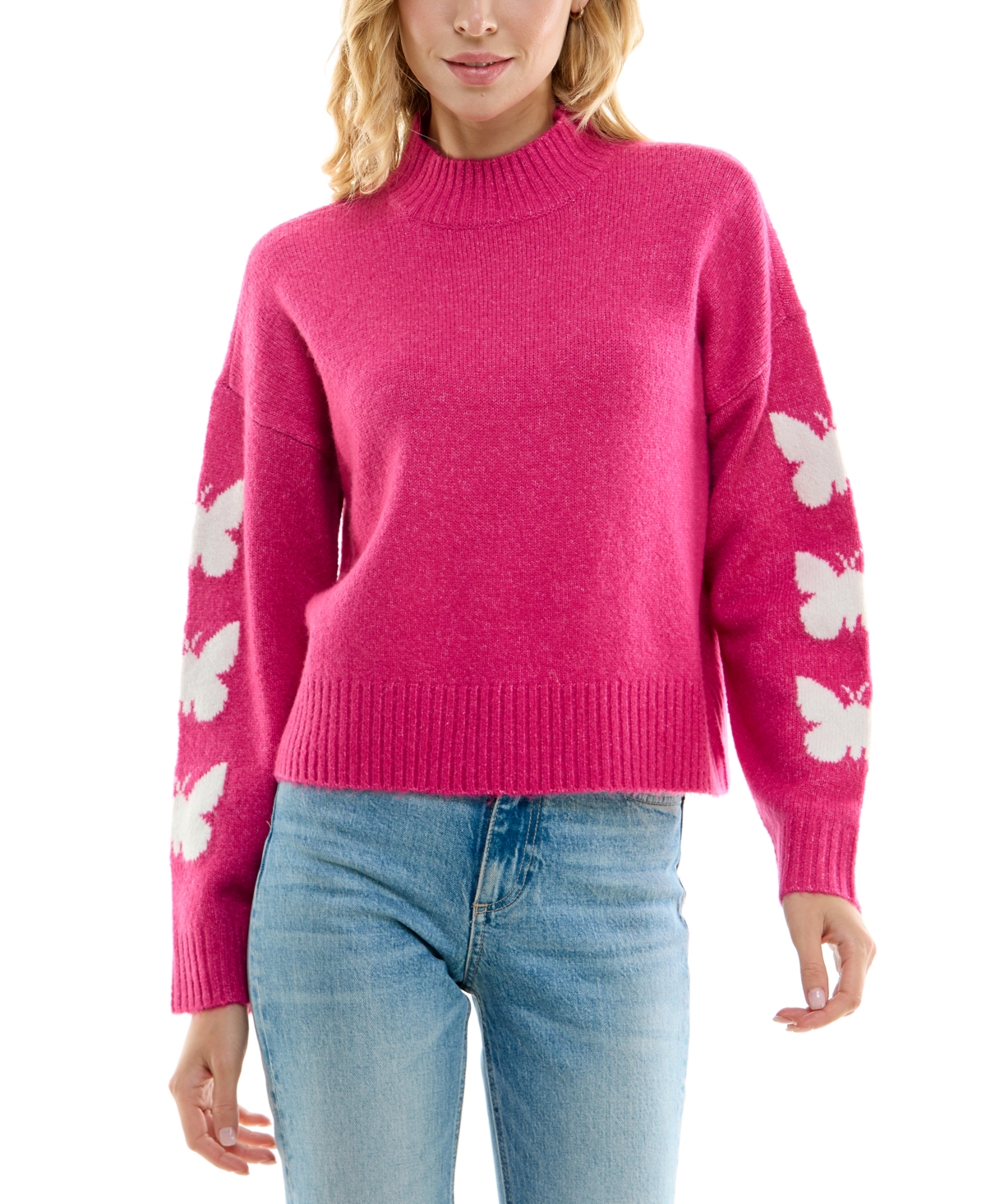 Juniors' Butterflies Mock-Turtleneck Sweater - Pink Butterfly