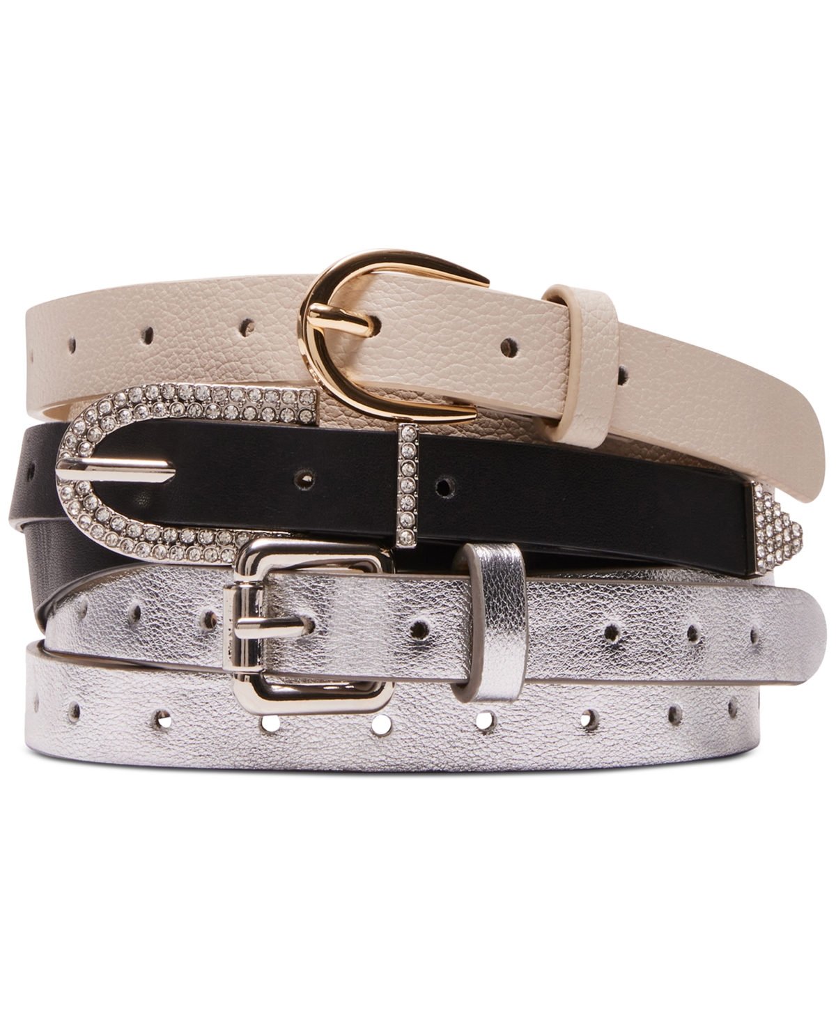 Women's 3-Pc. Embellished Faux-Leather Belt Set - Silver/black/cream