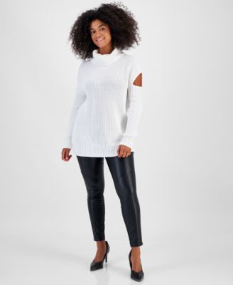 Bar Iii Womens Turtleneck Cutout Sweater Faux Leather Double Zip Leggings Created For Macys In Deep Black