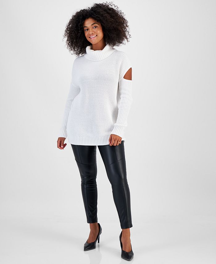 Bar III Women's Turtleneck Cutout Sweater & Faux-Leather Double-Zip ...