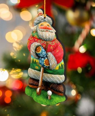 Golfer Santa Christmas Wooden Ornaments Holiday Decor Set of 2 G. DeBrekht