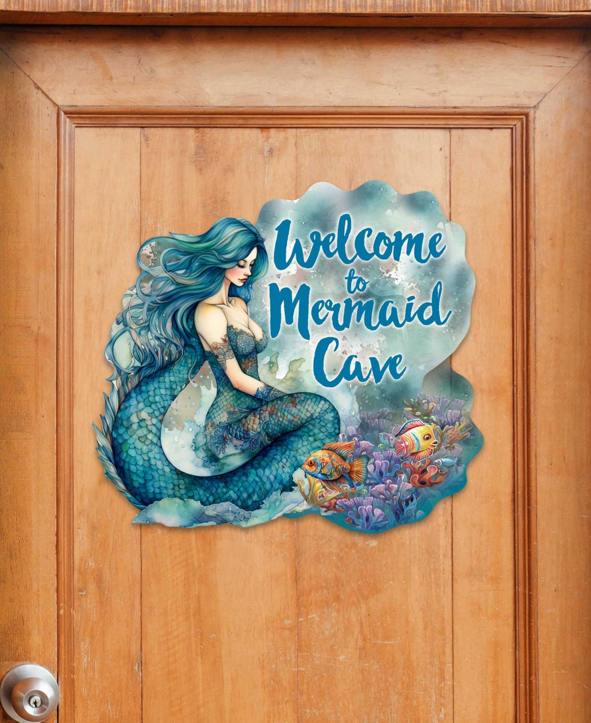Designocracy Holiday Door Decor Wooden Welcome Sign Welcome To Mermaid Cave G. Debrekht In Multi Color