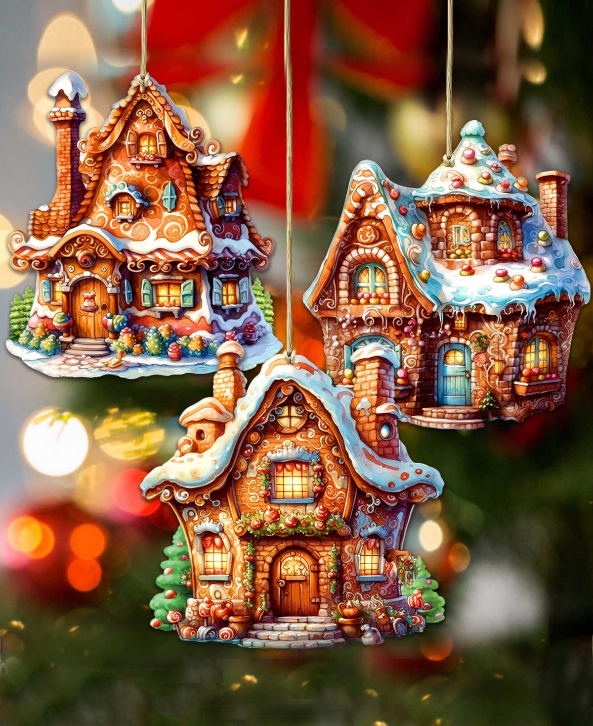 Designocracy Fairy Tale Houses Christmas Wooden Ornaments Holiday Decor Set Of 3 G. Debrekht In Multi Color