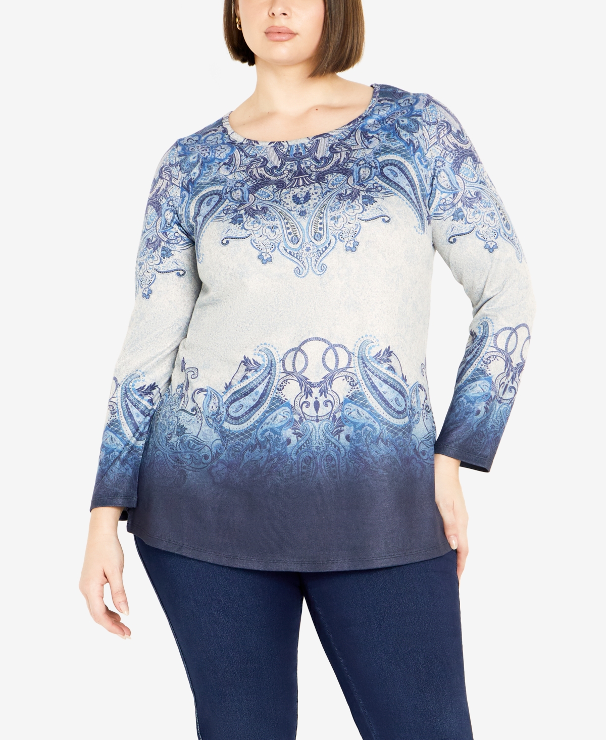 Avenue Plus Size Callie Placement Long Sleeve Top In Blue Paisley Ornate