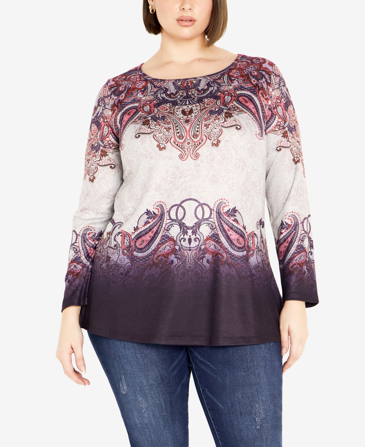 Avenue Plus Size Callie Placement Long Sleeve Top In Berry Paisley Ornate