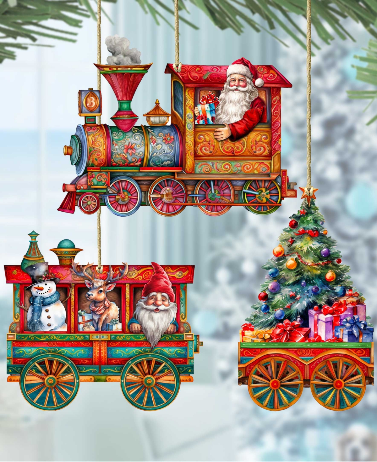 Shop Designocracy Santa's Train Christmas Wooden Ornaments Holiday Decor Set Of 3 G. Debrekht In Multi Color