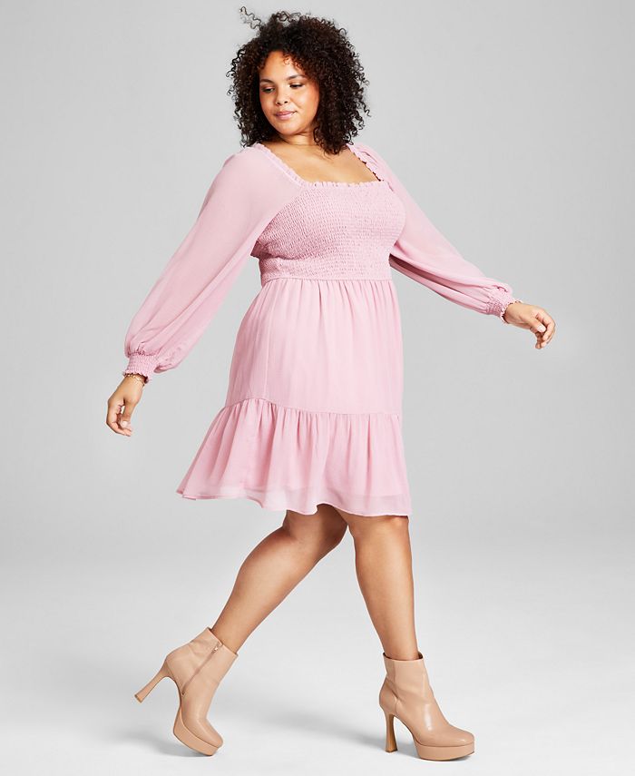 Plus Size Square Neck Long Sleeve Slit Dress