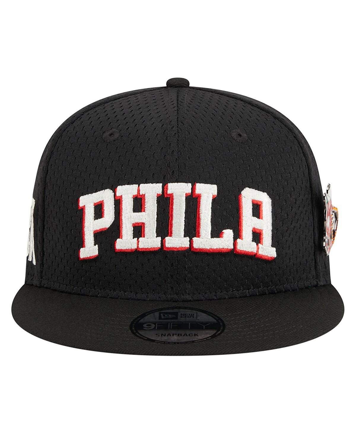 NEW ERA MEN'S NEW ERA BLACK PHILADELPHIA 76ERS POST-UP PIN MESH 9FIFTY SNAPBACK HAT