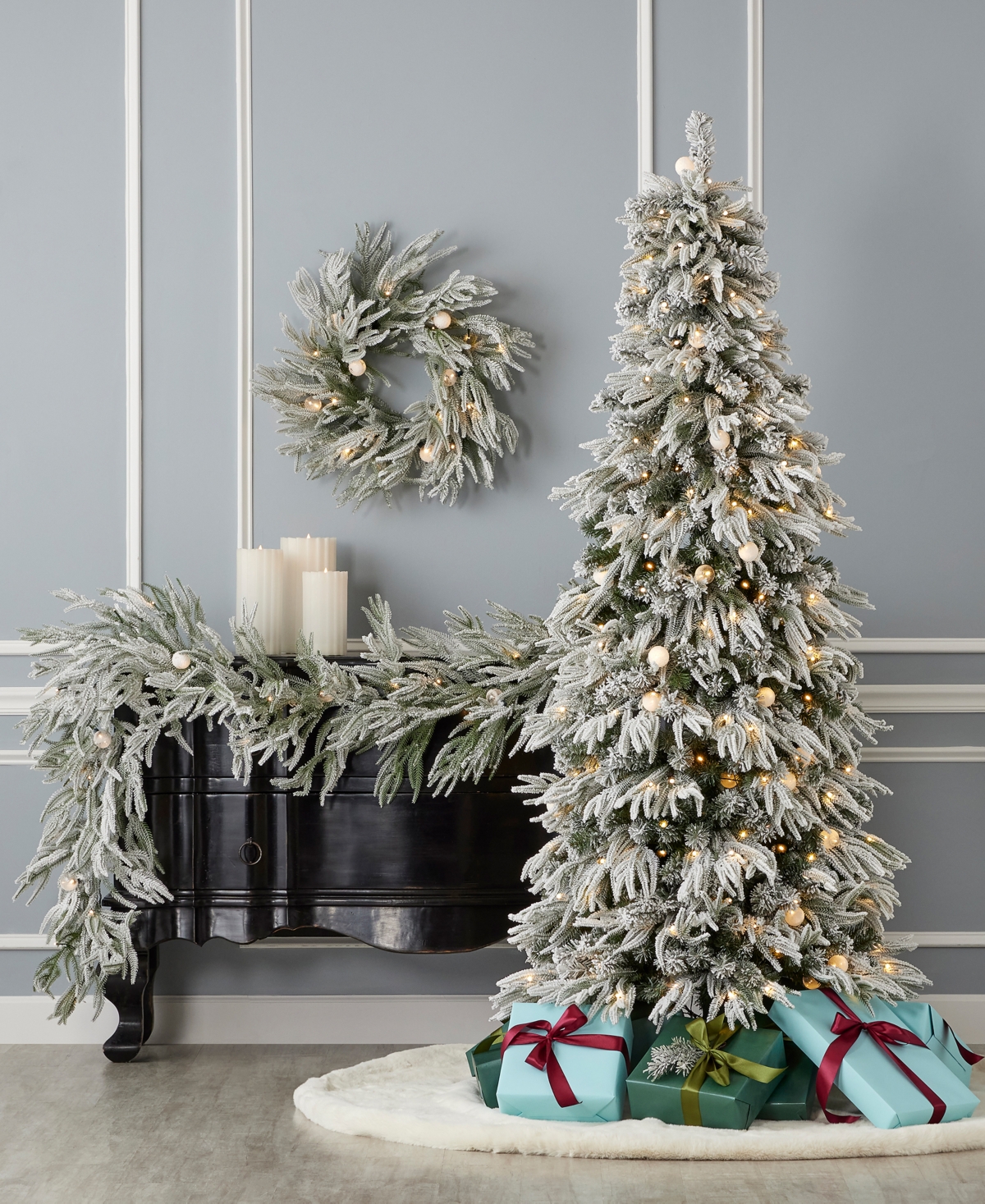 Shop Seasonal Frosted Acadia 7' Pre-lit Flocked Pe Mixed Pvc Slim Tree With Metal Stand, 2571 Tips, 250 Changing L In White
