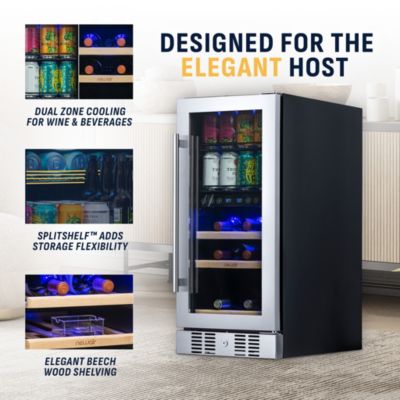 15" Premium Built-in Dual Zone 9 Bottle and 48 Can Wine and Beverage Fridge in Stainless Steel with SplitShelf
