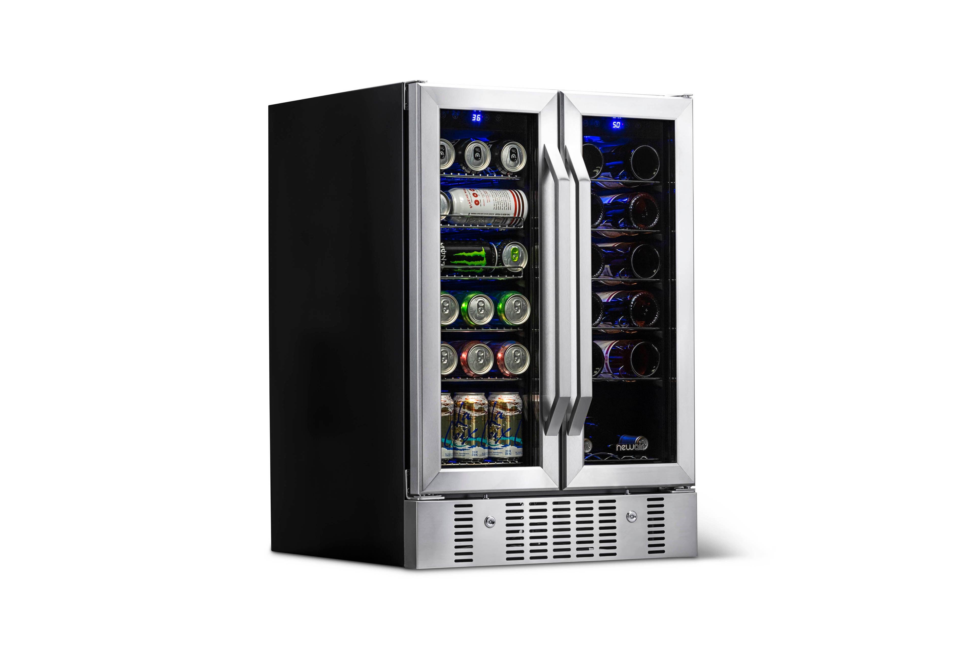 Newair 24" Built-in Dual Zone 18 Bottle and 58 Can Wine and Beverage Fridge in Stainless Steel with French Doors and Chrome Shelves