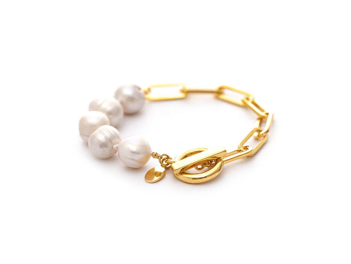 Natural Pearl Bead and Chain Toggle Bracelet - Gold with white pearl
