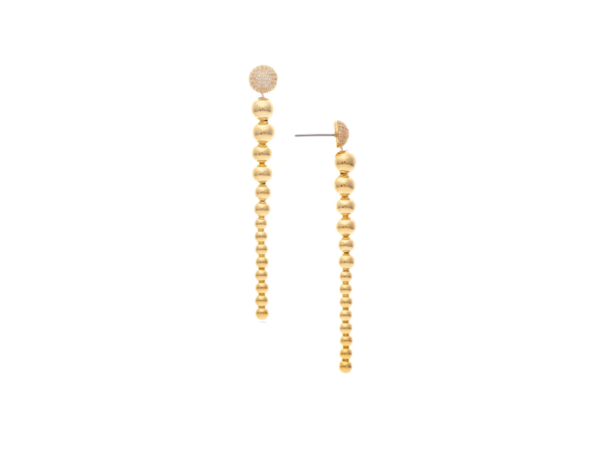 Graduated Polished Bead + Pave Dangle Earrings - Gold