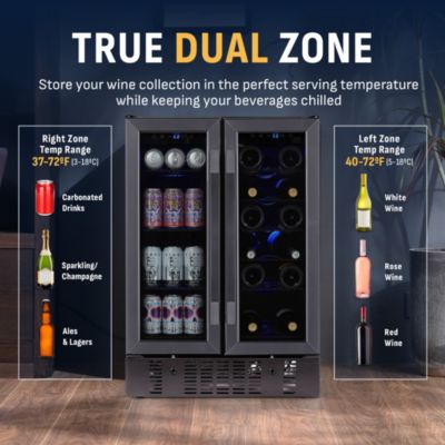 24" Wine & Beverage Refrigerator, 18-Bottle & 60-Can Capacity, Built-in Dual Zone Cooler with French Doors