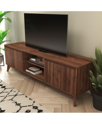 Beverly Mid-Century Modern Wooden Tv Stand With Soft Close Doors, Shelf, Cord Management Hole And Tapered Legs
