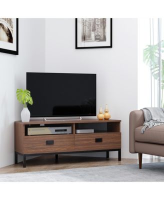 Corner TV Stand for TV up to 46", Entertainment Center with Open Storage and Drawers, TV Table with Steel Legs, Dark Walnut