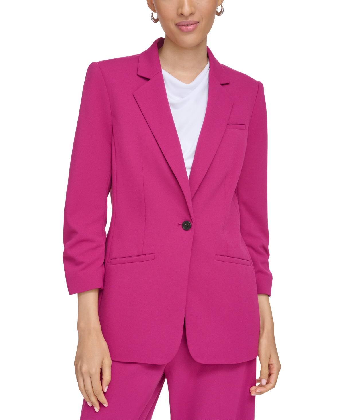 Calvin Klein Petite Scuba Crepe Ruched-sleeve Jacket In Mulberry