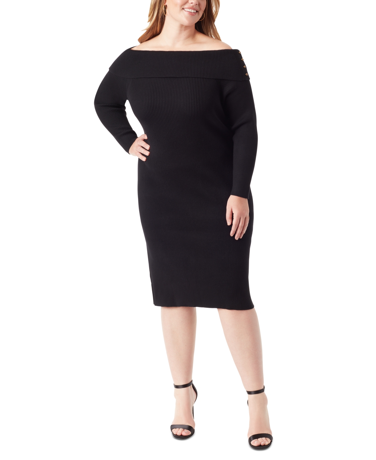 Jessica Simpson Trendy Plus Size Aaryn Rib-knit Off-the-shoulder Dress In Black