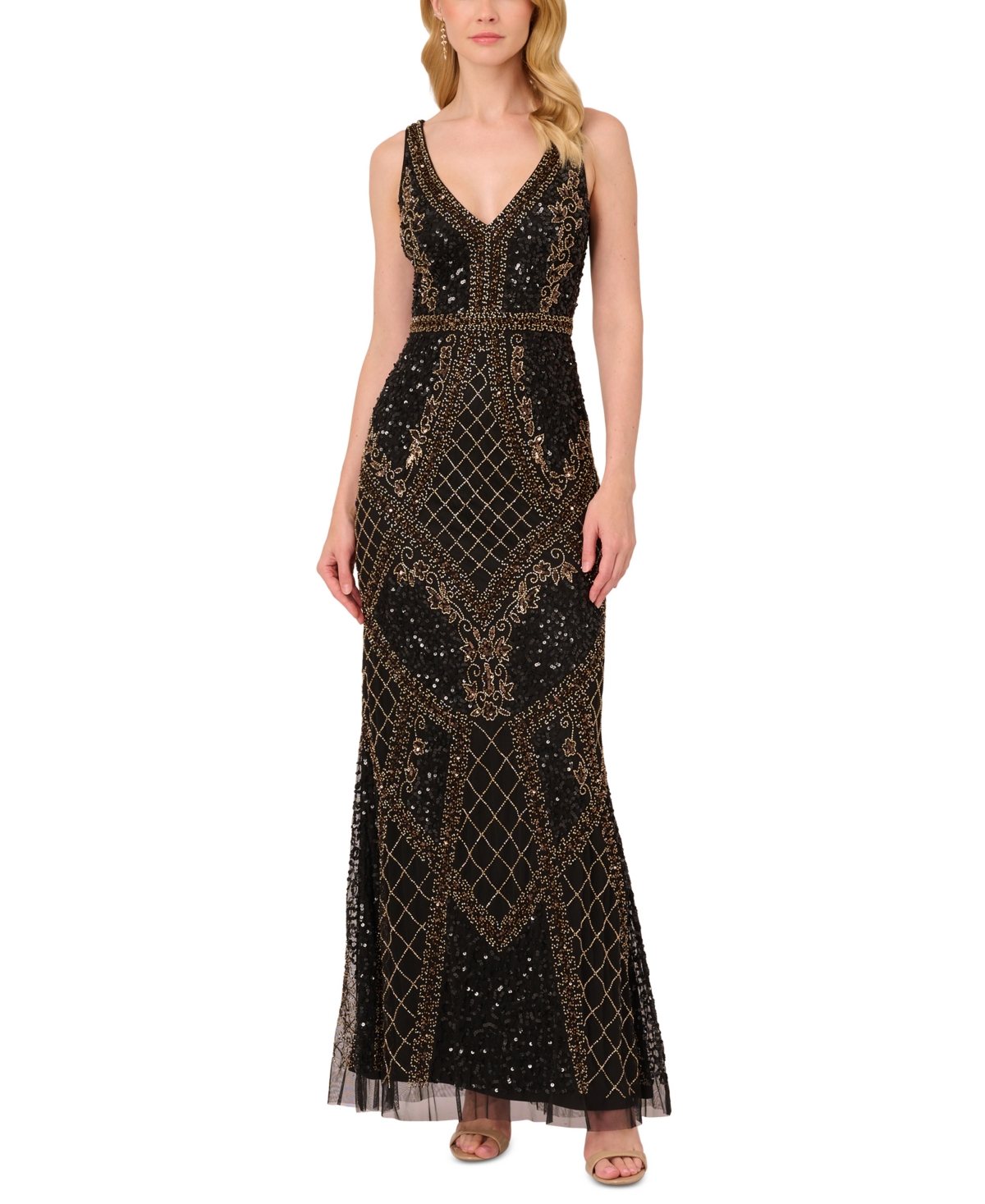 1920s Fashion & Clothing | Roaring 20s Attire Adrianna Papell Womens Beaded Mesh Column Gown - Black Gold $349.00 AT vintagedancer.com