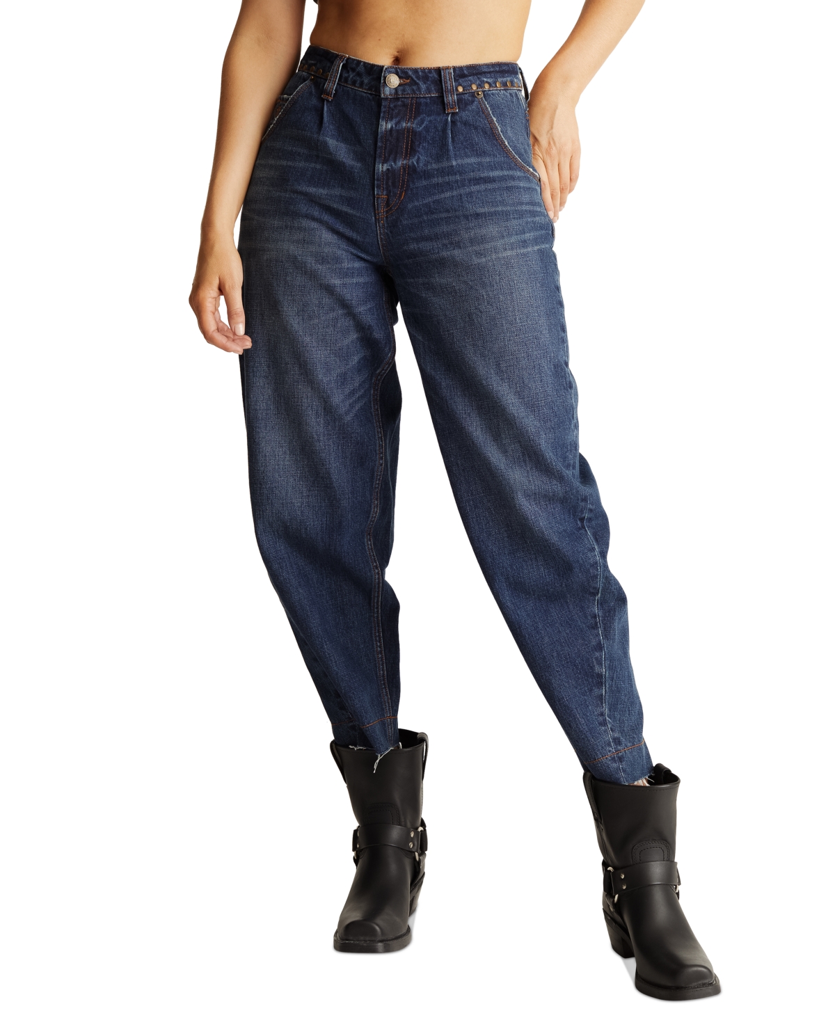 Frye Women's Studded-waist Barrel-leg Cotton Denim Jeans In Kora Dark Wash