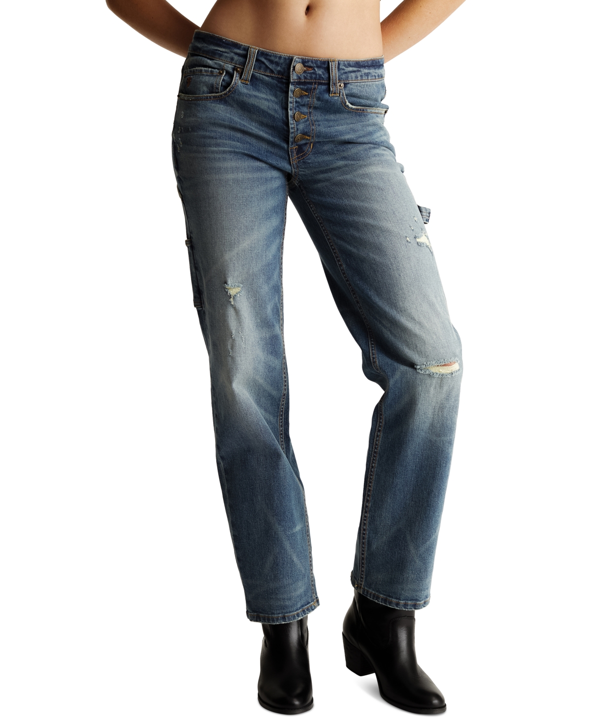 Frye Women's Distressed Multi-button Straight-leg Utility Denim Jeans In Mustang Medium Wash