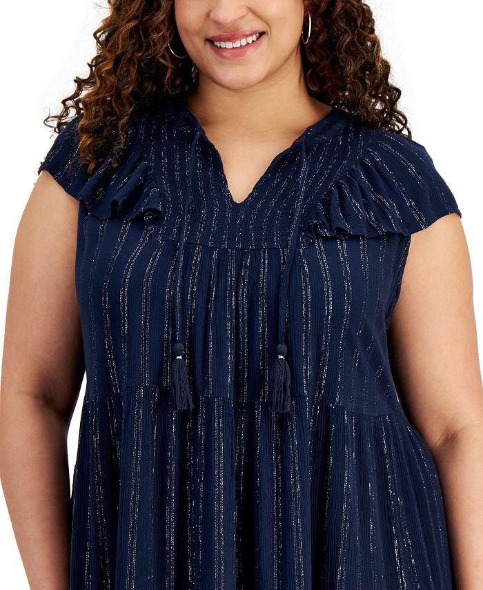 Floerns Women's Plus Size Wrap V-Neck Short Sleeve Dress - Ruffle Hem A-Line Short Dress, Blue, X-Large Plus